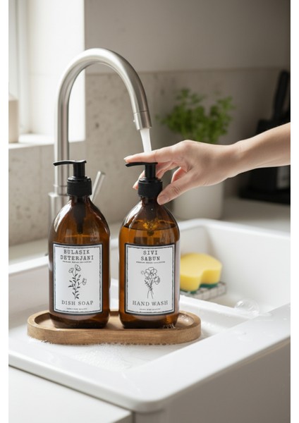 Premium Amber Cam Sıvı Sabunluk & Bulaşık Deterjanı Seti (2'li) - Ahşap Stantlı