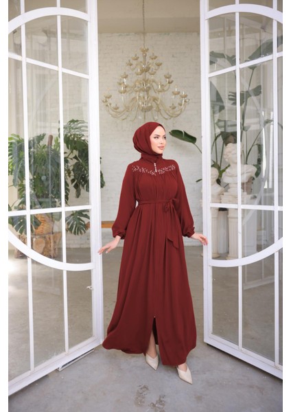 Bordo Robalı Boncuklu Ferace NSR5016