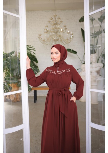 Bordo Robalı Boncuklu Ferace NSR5016 modelleri