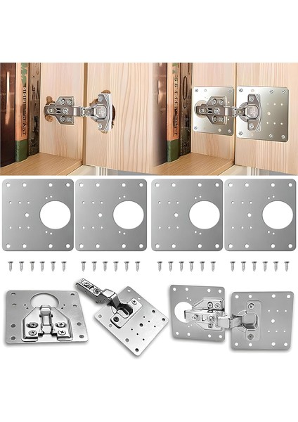 4 Adet Paslanmaz Çelik Menteşe Onarım Plakası – 9x9 cm Tamir Kiti, 24 Vida ile – Dolap Kapakları Için Dayanıklı ve Montajlı Menteşe Sabitleme Plakası
