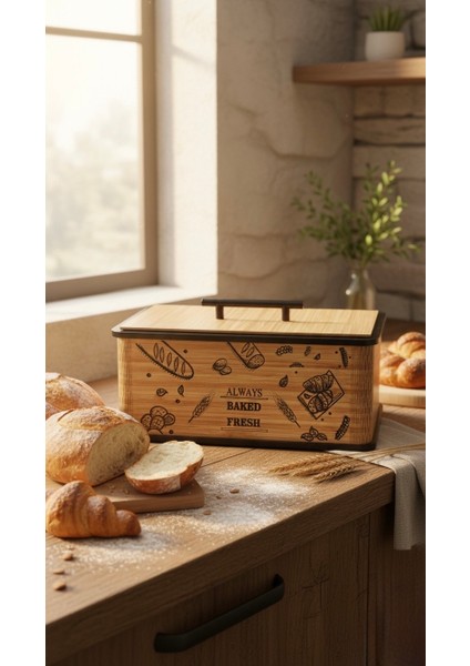 Kapaklı Ahşap Ekmeklik - Dekoratif Desenli Ekmek Saklama Kutusu - Lüx Büyük Ekmek Dolabı