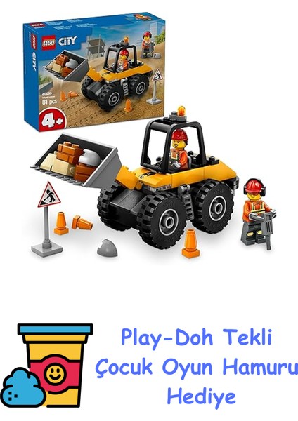 City Sarı Tekerlekli Inşaat Yükleyicisi 60450-4 Yaş ve Üzeri Çocuklar Için Yaratıcı Inşaat Aracı Içeren Oyuncak Yapım Seti, Doğum Günü Hediyesi (81 Parça) + Play-Doh Oyun Hamuru