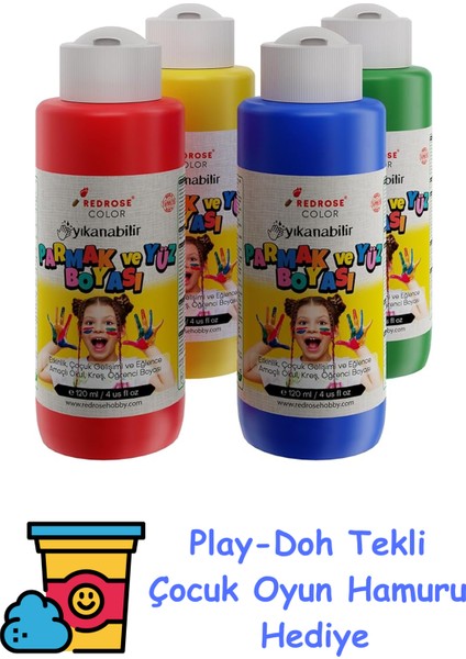 Ana Renkler Parmak Boyası 4'lü Set 4X120 ml + Play-Doh Oyun Hamuru