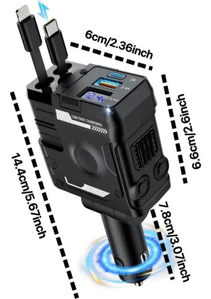 Acl Acc-02 66W Starlight Araç Şarj Cihazı | 4in1 Arada Kablo | Geri Çekilebilir | Type-C Lightning USB Girişli