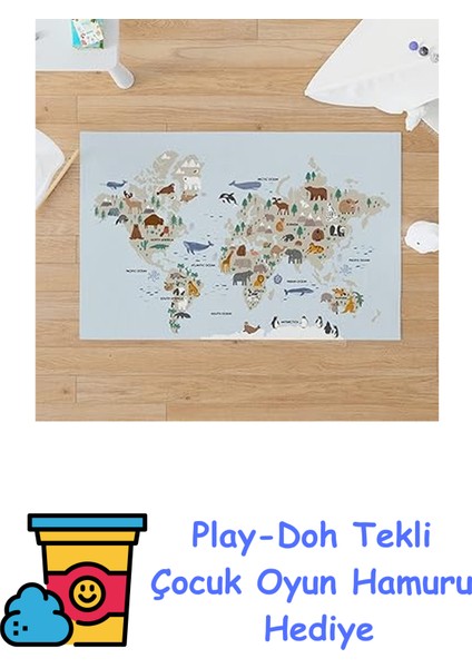 Hayvanlar Atlası Tasarımlı Çocuk Oyun Matı - Bebek Oyun Halısı + Play-Doh Oyun Hamuru