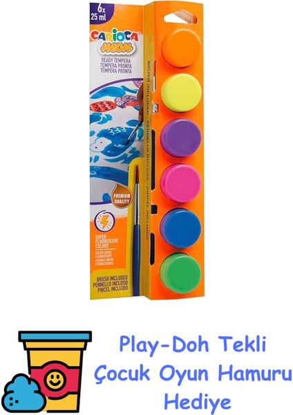 Fosforlu Tempera Suluboya Süper Yıkanabilir Fırçalı 6 * 25 ml 6 Renk Karışık + Play-Doh Oyun Hamuru