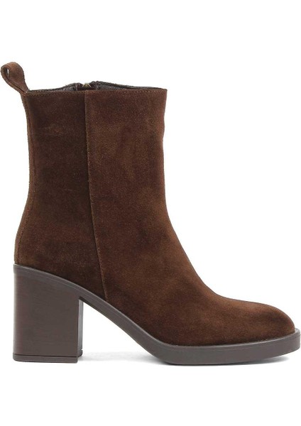 Kadın Kahverengi Kalın Topuklu Süet Deri Bot