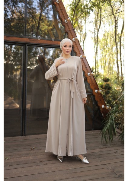 Ankanoor Açık Bej Kol Ağzı ve Önü Çift Biyeli Ferace ANKA255045