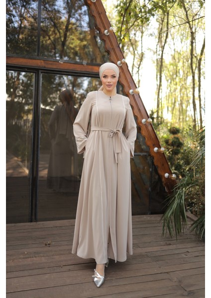 Ankanoor Açık Bej Kol Ağzı ve Önü Çift Biyeli Ferace ANKA255045 fiyatları