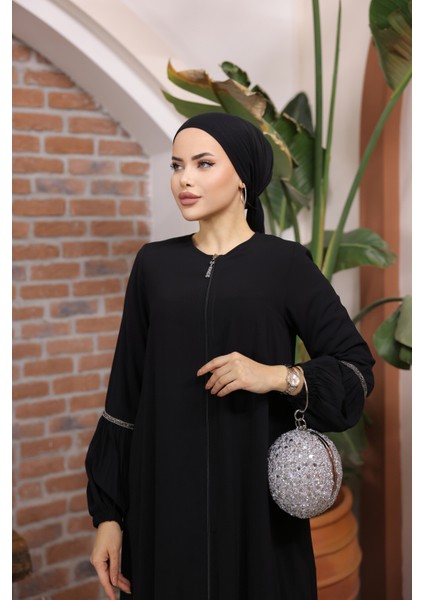 Ankanoor Siyah Balon Kol Taşlı Ferace ANKA255017