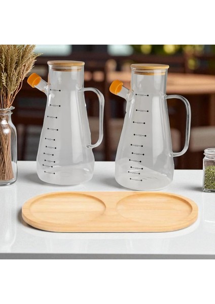 3'lü Yağdanlık Seti Borasilikat Bambu Kapaklı Yağlık Altlığı Ayçiçek Yağı Zeytin Yağı Şişesi 1000 ml