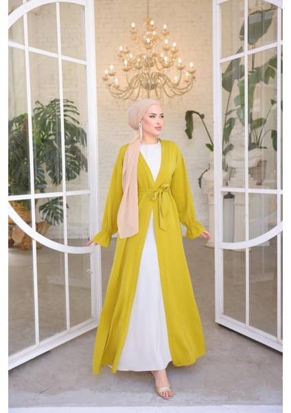 Ankanoor Yağ Yeşili Garnili Kuşaklı 2'li Abaya Takım ANKA255041