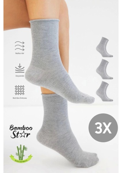 Bambu Kadın Lastiksiz Gri Soket Dikişsiz Premium Çorap 3'lü Paket / Sıkmayan Çorap / Iz Bırakmaz
