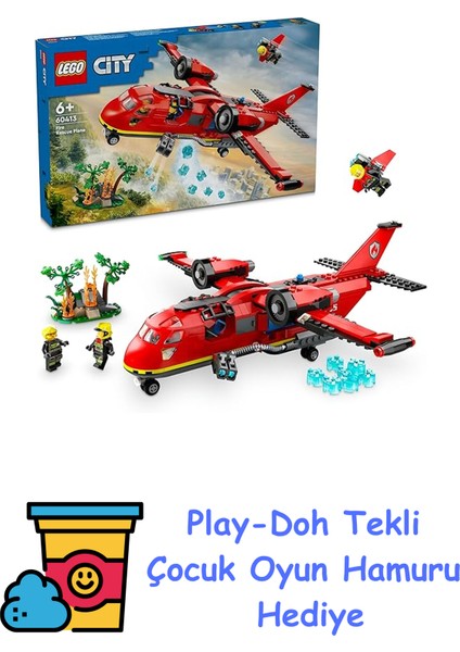 City Itfaiye Kurtarma Uçağı 60413-6 Yaş ve Üzeri Yaratıcı Oyunları Seven Kız ve Erkek Çocukları Için 3 Mini Figür Içeren Uçak Acil Durum Aracı Oyun Seti, Doğum Gü + Play-Doh Oyun Hamuru