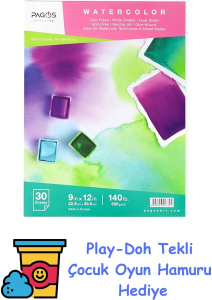 Suluboya Defteri 300 gr 30 Yaprak Orta Doku Cold Pressed 22,9 cm x 30,5 cm + Play-Doh Oyun Hamuru