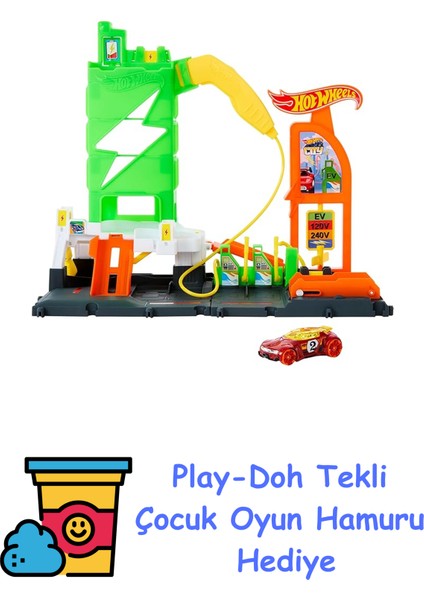 Elektrikli Araç Şarj Istasyonu Oyun Seti Hot Wheels Elektrikli Araç Şarj Istasyonu ve 1:64 Ölçekli Oyuncak Araba HTN79 + Play-Doh Oyun Hamuru