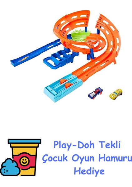Ikili Yarış ve Akrobasi Pisti Hot Wheels Ikili Yarış ve Akrobasi Pisti, 2 Adet 1:64 Ölçekli Oyuncak Araba, Kolayca Saklanabilir HTK17 + Play-Doh Oyun Hamuru
