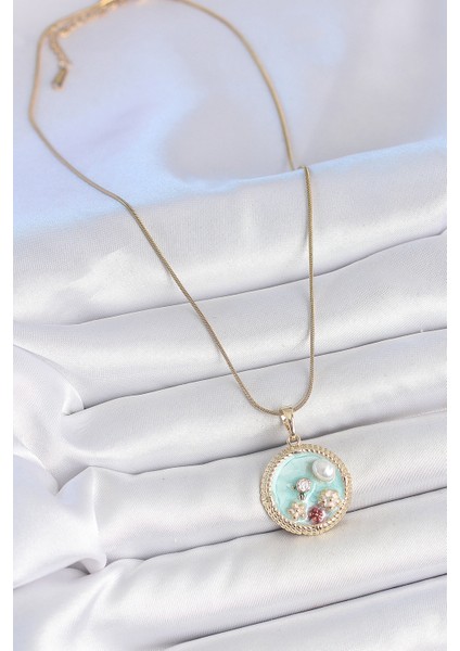 316L Çelik Gold Renk Zincir Mavi Mineli İnci Çiçek İşlemeli Zirkon Taş Detaylı Madalyon Model Kadın Kolye - TJ-BKO10174 fırsatları