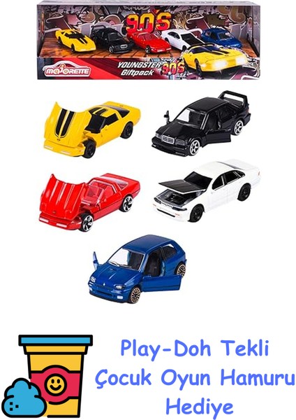 , 212052021, Majorette Youngster 90S 5 Li Araç Seti, Die-Cast (Metal), 7,5 Cm, Açılabilir Parçalar, Lisanslı, Serbest Tekerlekli + Play-Doh Oyun Hamuru