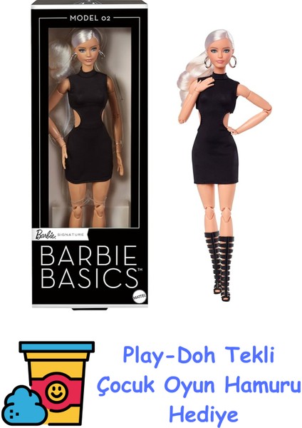 Barbıe Basıcs™ Ikonik Koleksiyon Bebekler - Sarışın Barbie Basics Koleksiyona Uygun Bebek, Siyah Elbisesi ve Gladyatör Çizmeleriyle Sarı Saçlı Model 02 JBH71 + Play-Doh Oyun Hamuru