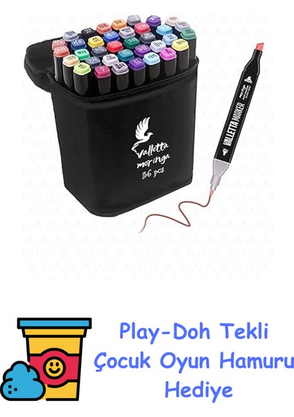 Valletta Moringa 36'lı Çift Taraflı Art Marker Keçeli Kalem Seti Çantalı Vltmarker + Play-Doh Oyun Hamuru