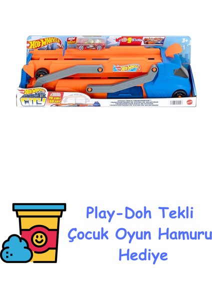 Tır - Yeni Hot Wheels Tır - Yeni, Fırlatıcısı Olan ve 40 Cm'lik Piste Dönüşen Kamyon, 9 Oyuncak Araba Sığabilir, 1:64 Ölçekli Araç Dahildir HYT83 + Play-Doh Oyun Hamuru