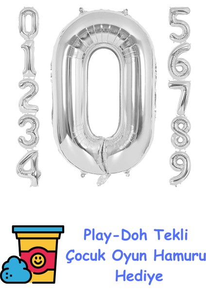 0 Rakamı Doğum Günü Balonu Yaş Günü Gümüş Renk Uçan Balon 102 cm Doğum Günü ve Parti Dekorasyonu Büyük Boy Folyo Helyum Uçan Balon Yaş 0 Sayısı + Play-Doh Oyun Hamuru