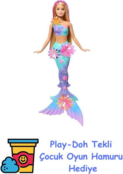 Deniz Kızı Oyuncakları, Sürpriz Çiçek Açma Özelliğiyle Renk Geçişli Kuyruğu, Incili Saç Bandı ve Pembe Röfleli Uzun Sarı Saçları Olan, JDM72 + Play-Doh Oyun Hamuru