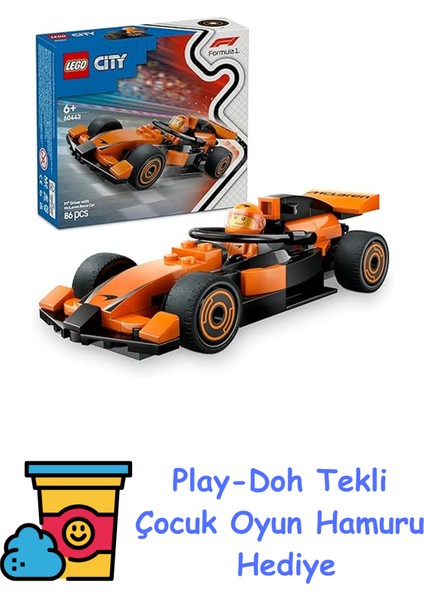 City Mclaren Yarış Arabalı F1 Sürücüsü 60442-6 Yaş ve Üzeri Çocuklar Için Mini Yarış Arabası Içeren Yaratıcı Oyuncak Yapım Seti, Doğum Günü Hediyesi (86 Parça) + Play-Doh Oyun Hamuru