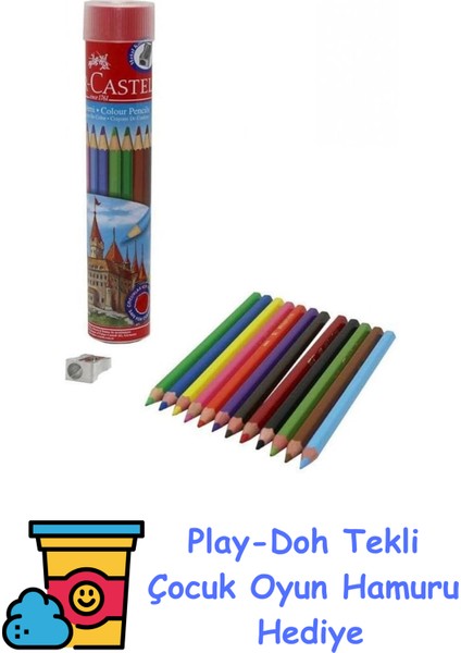 Kuru Boya Kalemi, Kırmızı Metal Tüp Kutu, 12 Renk, Tam Boy, Kalemtıraş Hediyeli, Yumuşak Mineli, Kırılmaya Dayanıklı Uçlar, Kolay Açılır + Play-Doh Oyun Hamuru