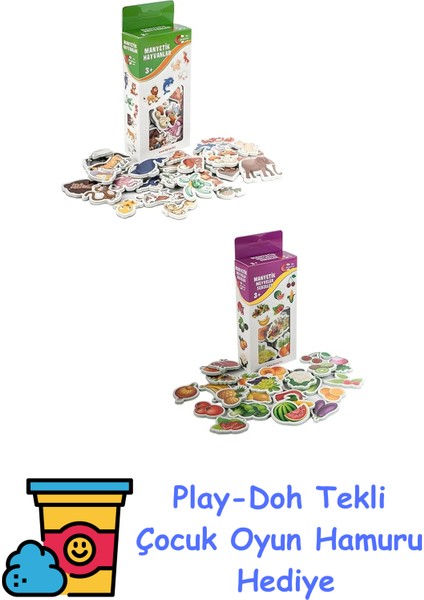 Manyetik Mıknatıslı 30 Parça Hayvanlar ve 26 Parça Sebze Meyveler Eğitici Set Magnet + Play-Doh Oyun Hamuru