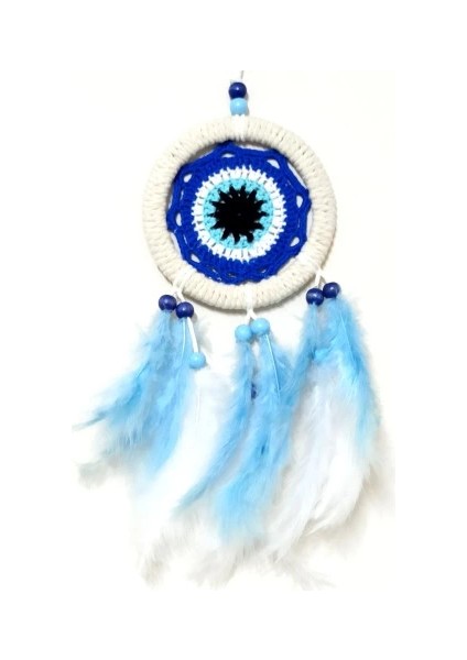 Nazar Boncuğu Motifli Bebe Mavisi ve Beyaz Kuş Tüylü Düş Kapanı Duvar Süsü