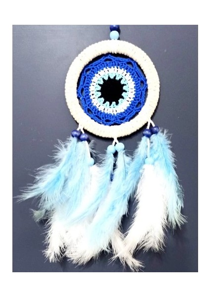 Nazar Boncuğu Motifli Bebe Mavisi ve Beyaz Kuş Tüylü Düş Kapanı Duvar Süsü modelleri