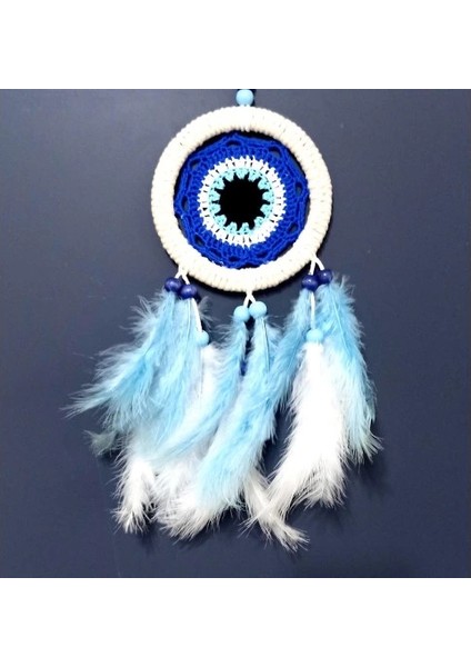 Nazar Boncuğu Motifli Bebe Mavisi ve Beyaz Kuş Tüylü Düş Kapanı Duvar Süsü fırsatları
