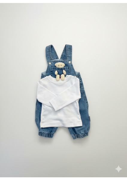 Unisex Bebek Denim 2’li Takım - Ayı Aplikeli Cepli Salopet ve Beyaz Bluz fiyatları