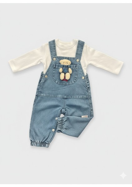 Unisex Bebek Denim 2’li Takım - Ayı Aplikeli Cepli Salopet ve Beyaz Bluz modelleri