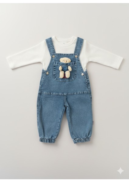 Unisex Bebek Denim 2’li Takım - Ayı Aplikeli Cepli Salopet ve Beyaz Bluz fırsatları