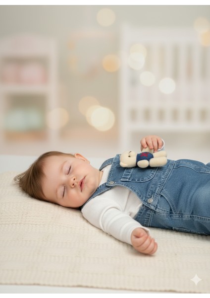 Unisex Bebek Denim 2’li Takım - Ayı Aplikeli Cepli Salopet ve Beyaz Bluz indirimleri