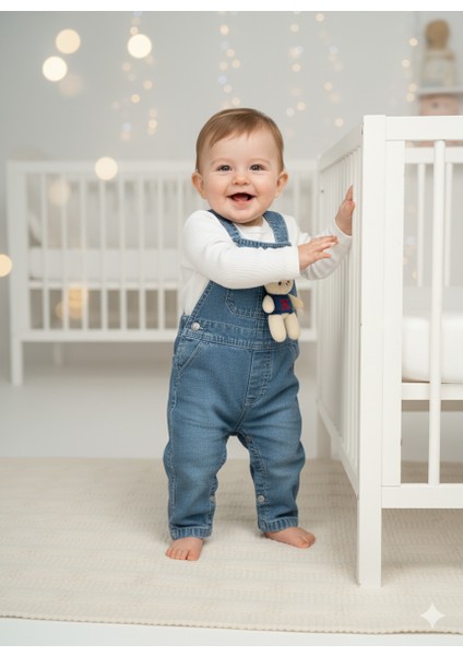 Unisex Bebek Denim 2’li Takım - Ayı Aplikeli Cepli Salopet ve Beyaz Bluz