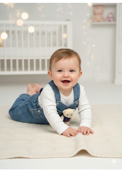 Unisex Bebek Denim 2’li Takım - Ayı Aplikeli Cepli Salopet ve Beyaz Bluz