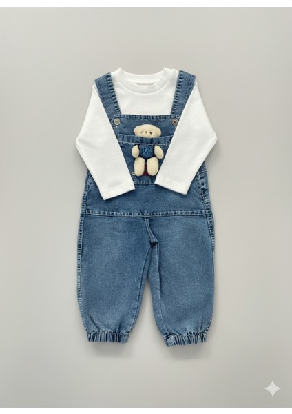 Unisex Bebek Denim 2’li Takım - Ayı Aplikeli Cepli Salopet ve Beyaz Bluz