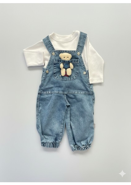 Unisex Bebek Denim 2’li Takım - Ayı Aplikeli Cepli Salopet ve Beyaz Bluz