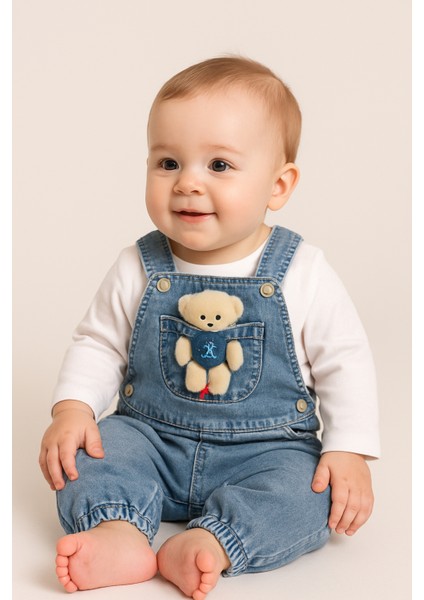 Unisex Bebek Denim 2’li Takım - Ayı Aplikeli Cepli Salopet ve Beyaz Bluz