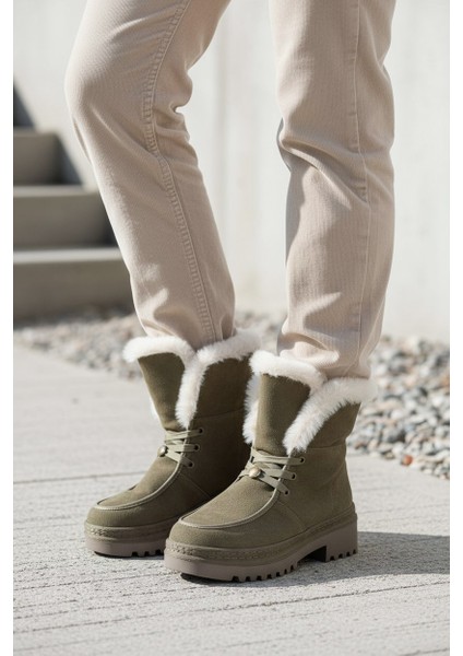 G25K433 Hakiki Süet Deri Içi Hakiki Kuzu Kürk Haki Yeşil Kadın Bot