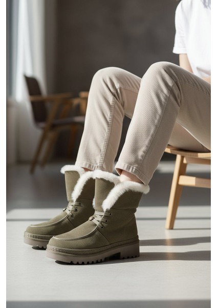 G25K433 Hakiki Süet Deri Içi Hakiki Kuzu Kürk Haki Yeşil Kadın Bot