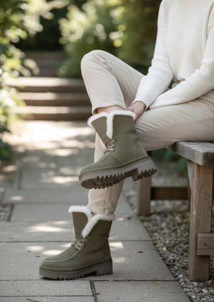 G25K433 Hakiki Süet Deri Içi Hakiki Kuzu Kürk Haki Yeşil Kadın Bot