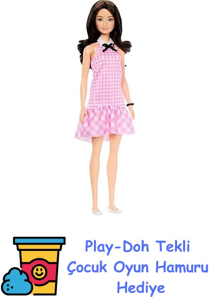 Bebek Pötikare Desenli Pembe Elbisesi ve Aksesuarlarıyla Siyah Saçlı Barbie Fashionistas Bebek (224), 65. Yıl Dönümü Bebeği HRH21 + Play-Doh Oyun Hamuru