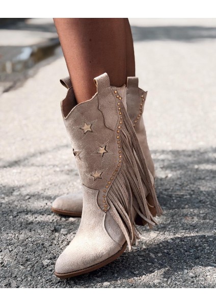 Silvene Kadın Kovboy Çizme Bej Süet