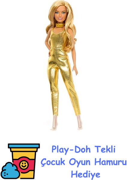 Büyüleyici Parti Bebekleri - Altın Rengi Tulumlu Altın Rengi Tulumuyla Dalgalı Sarı Saçlı, Barbie Fashionistas Bebek (222), 65. Yıl Dönümü Bebeği HRH19 + Play-Doh Oyun Hamuru
