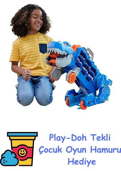 Şehri Ultimate T-Rex Tır, T-Rex'e Dönüşür, Yarış Pisti Içerir, Işıklı ve Sesli, 20+ 1:64 Ölçekli Araba Için Depolama Alanı, HNG50 + Play-Doh Oyun Hamuru
